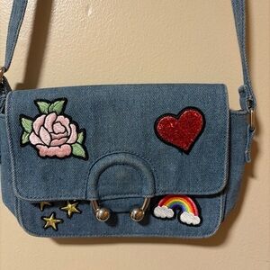 Small rose rainbow star heart grunge Denim Shoulder Bag with Embroidered Patches
